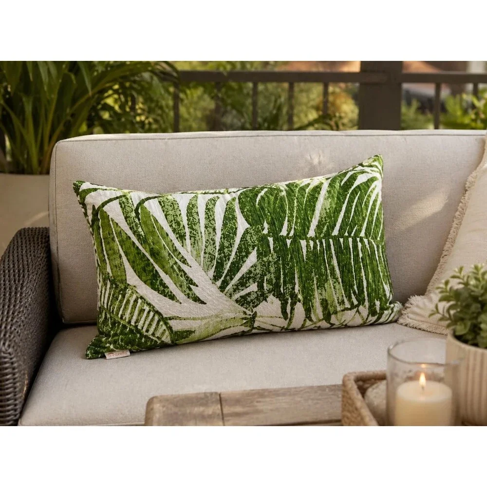 Pottery Barn Sunbrella Lumbar Pillow Green Tropical Leaf Outdoor Cushion 12x24 P